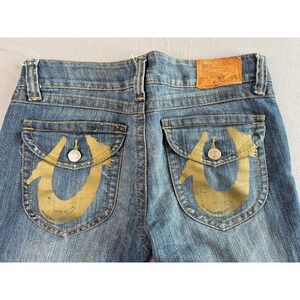 TRUE RELIGION Bootcut Jeans Womens 31 Blue Low Rise Gold Flap Pocket Act (35x25)